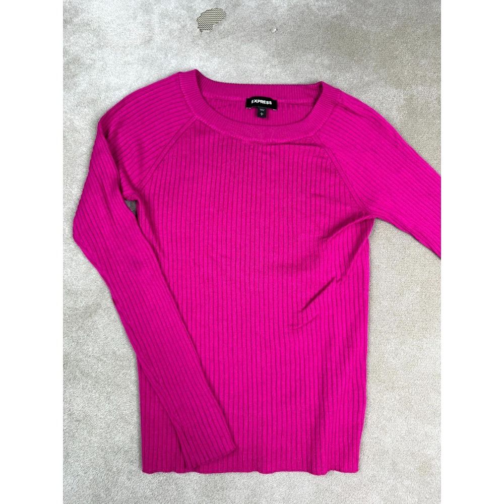 Express Ribbed Knit Sweater Womens Large Hot Pink Preppy Raglan Sleeve Pullover